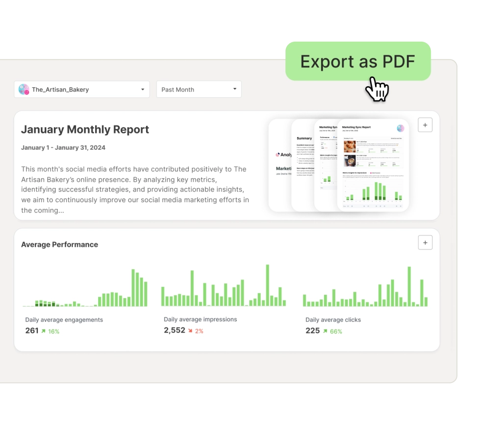 Buffer custom reports view with a monthly report, average performance for engagements, impressions, and clicks, and an option to export as PDF.