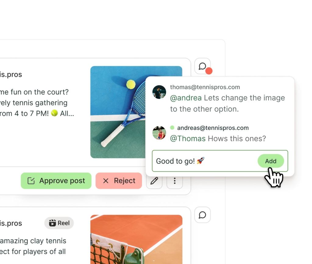 Buffer approvals view with comments and options to add an unscheduled post to your queue, edit, or move to drafts.