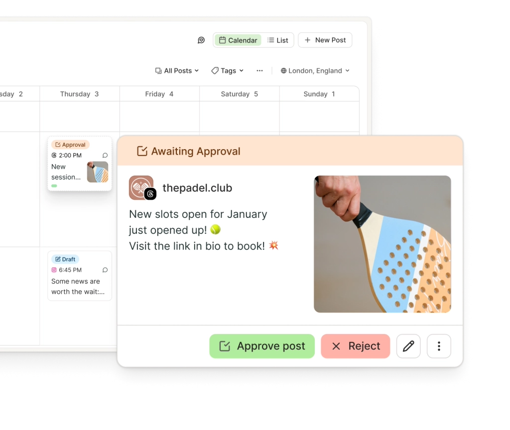 Buffer shared calendar view with upcoming posts with tags for draft and awaiting approval.