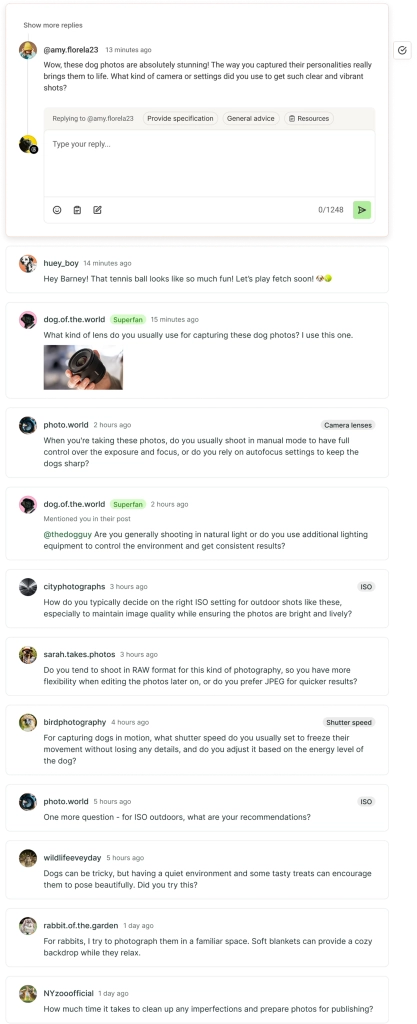 Comment feed with comments by social media channel, saved replies, and AI replies.
