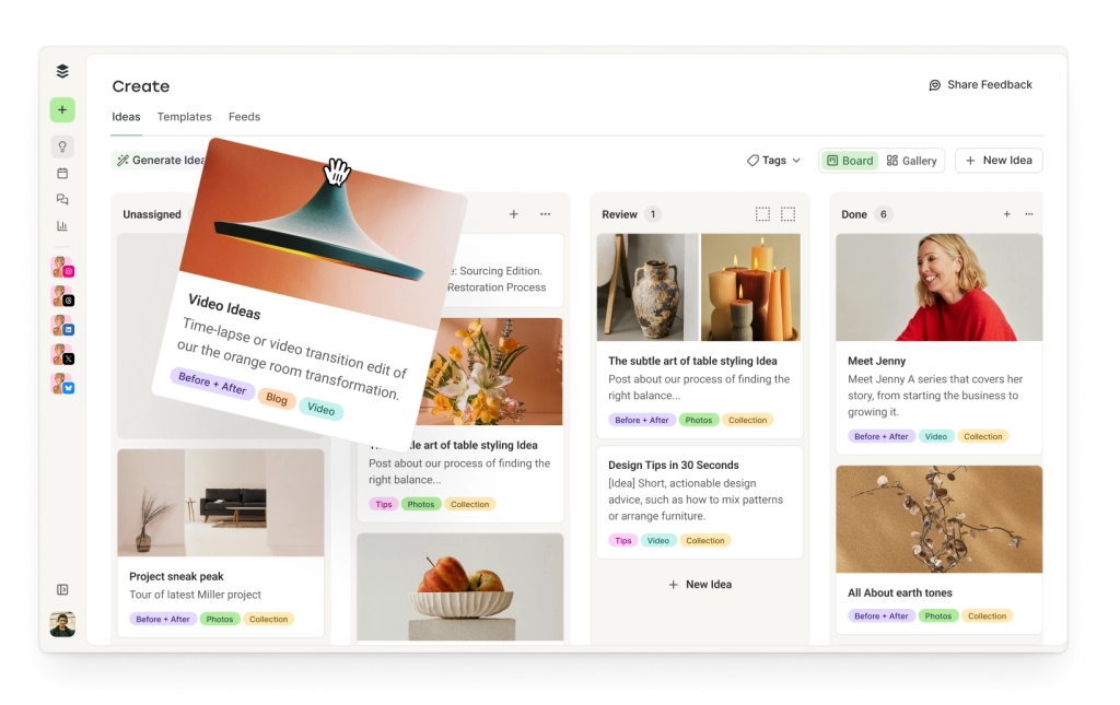 Buffer Create space to organize your content ideas with tags in a board or gallery view and an AI assistant to generate content ideas.