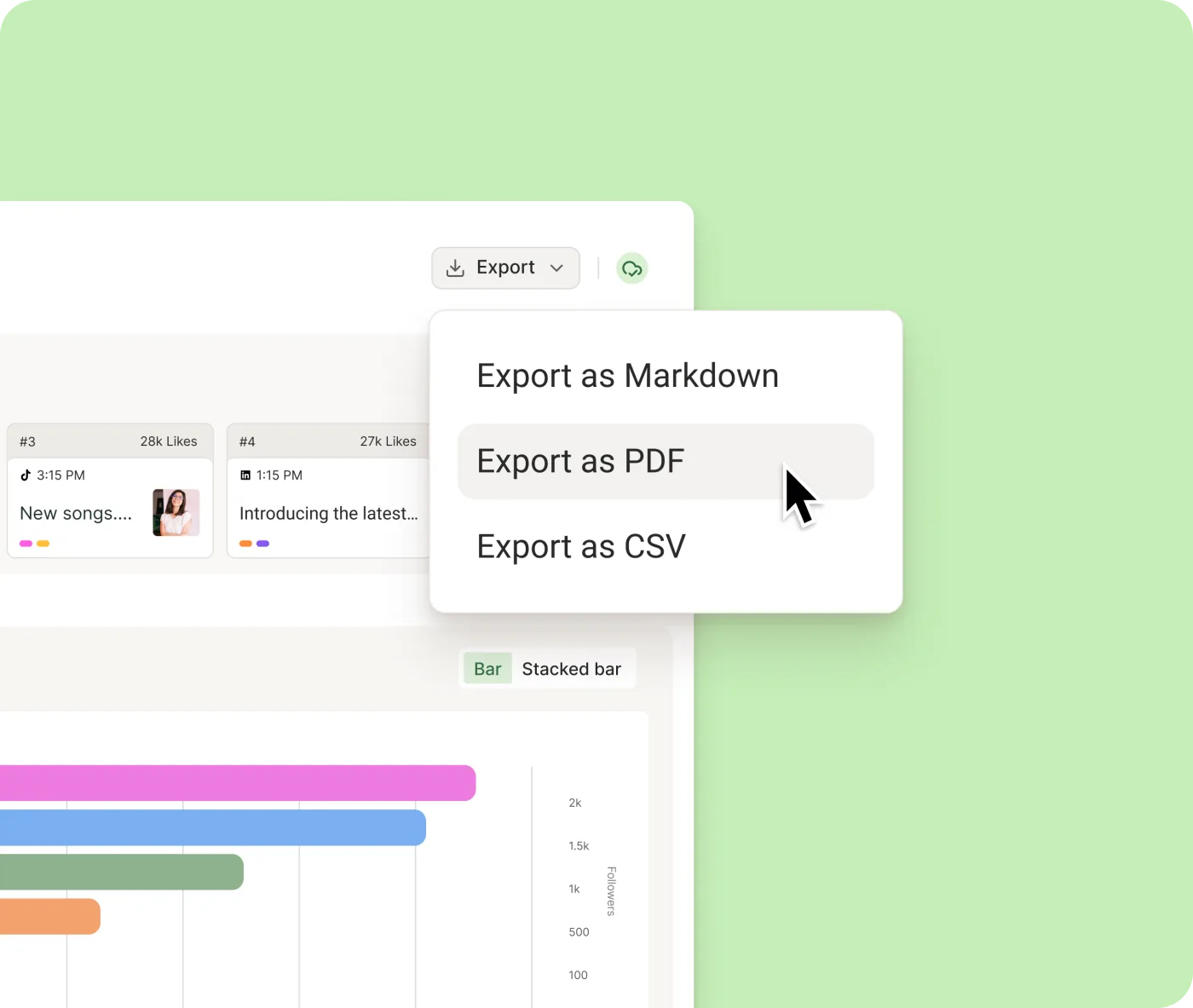 Le rapport Tous les canaux avec les meilleurs posts, un menu d'export et un graphique en barres des abonnés