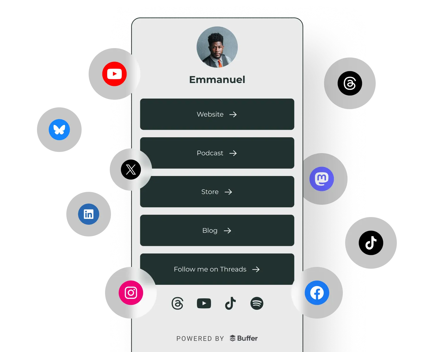 Perfil de Buffer Start Page con enlaces a un sitio web personal, un pódcast, una tienda, un blog y canales de redes sociales.