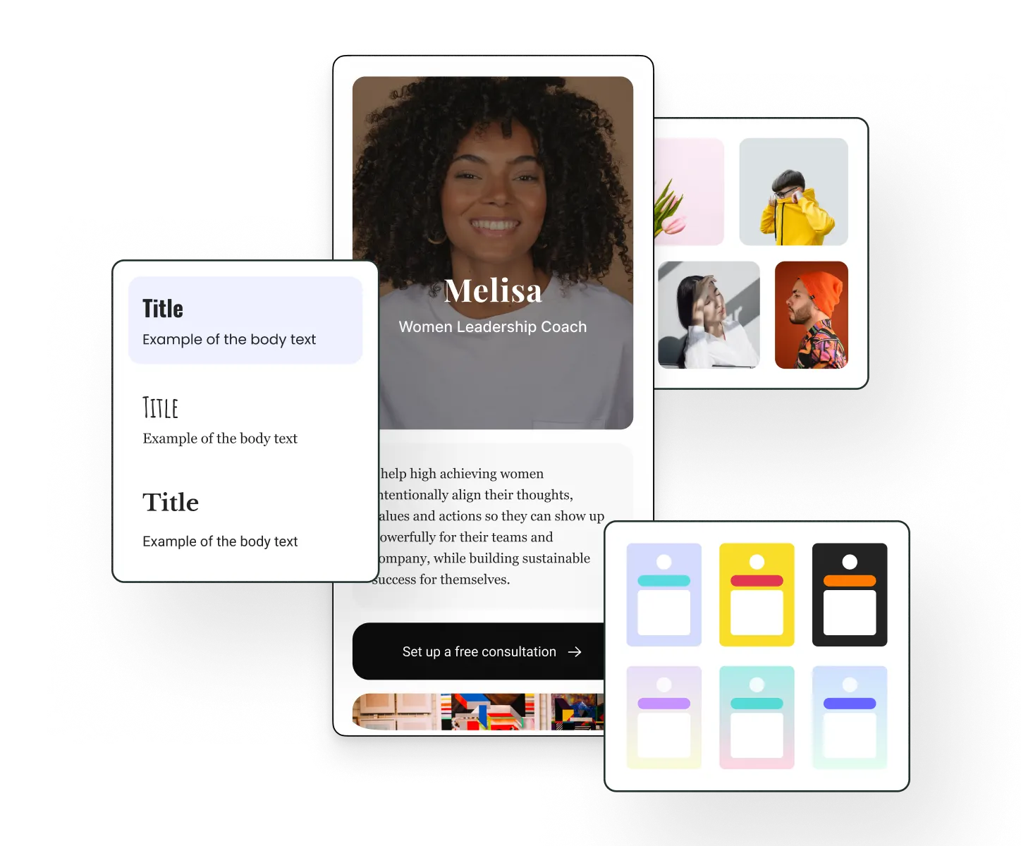 Editor de Buffer Start Page con texto, estilos tipográficos, temas de color de perfil y opciones de edición de cuadrícula de imágenes.