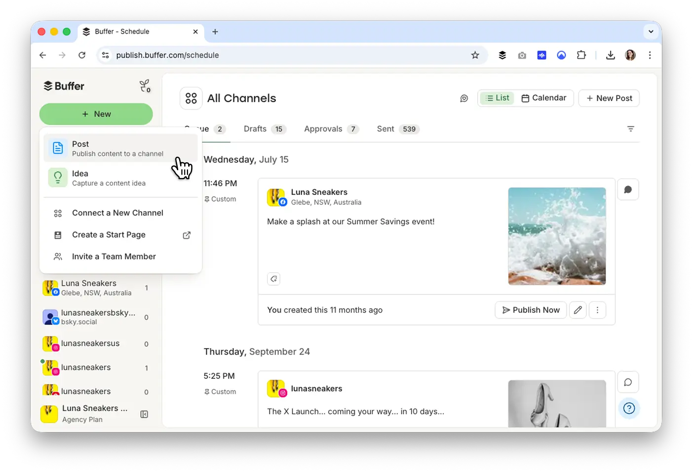 Buffer schedule page with the + New menu open, showing the Post option