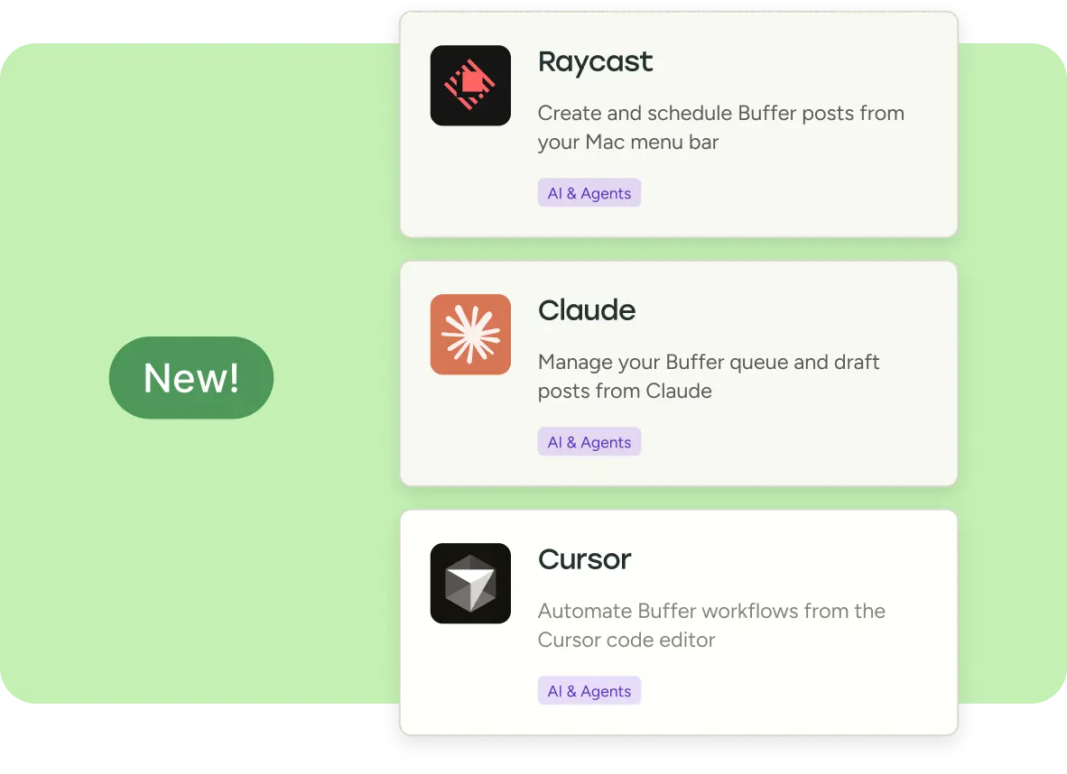 Integration cards showing Raycast, Claude, and Cursor