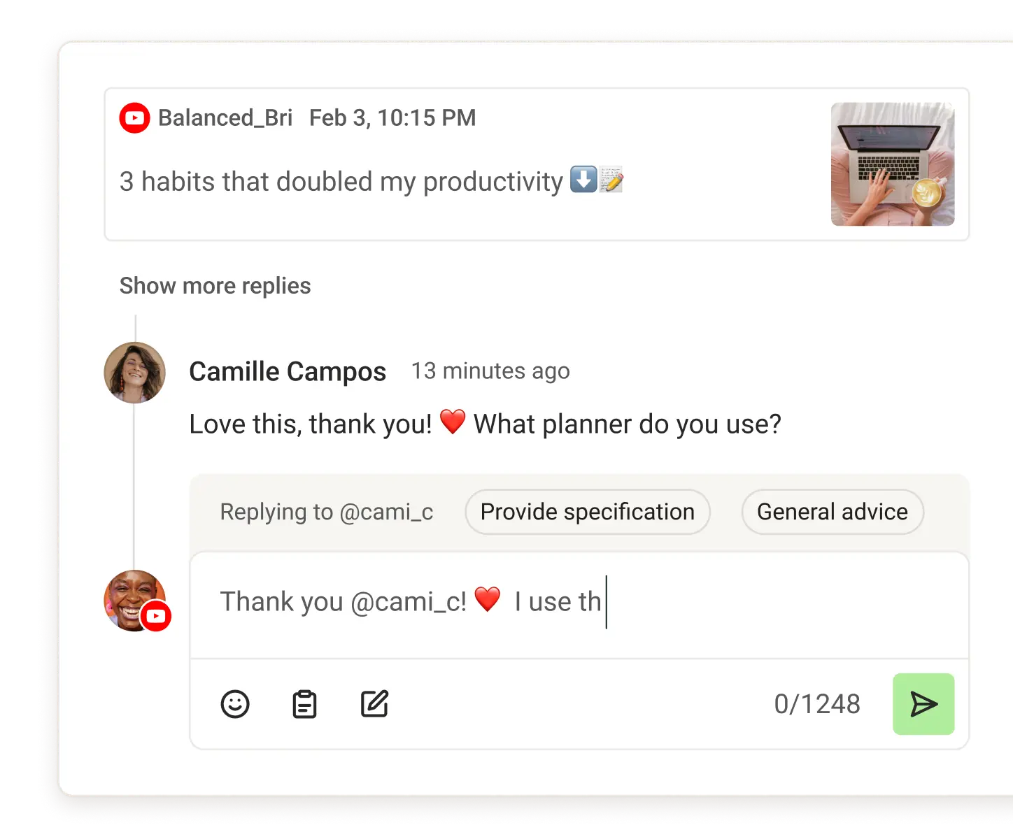 Vue Buffer Community avec les commentaires récents, des suggestions de réponses et les métriques de Comment Score.