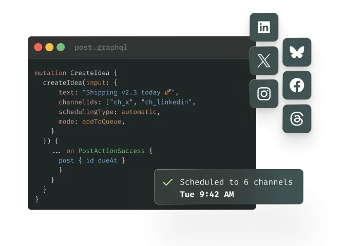 Buffer publishing UI embedded in a developer's product, showing scheduled posts on a calendar.