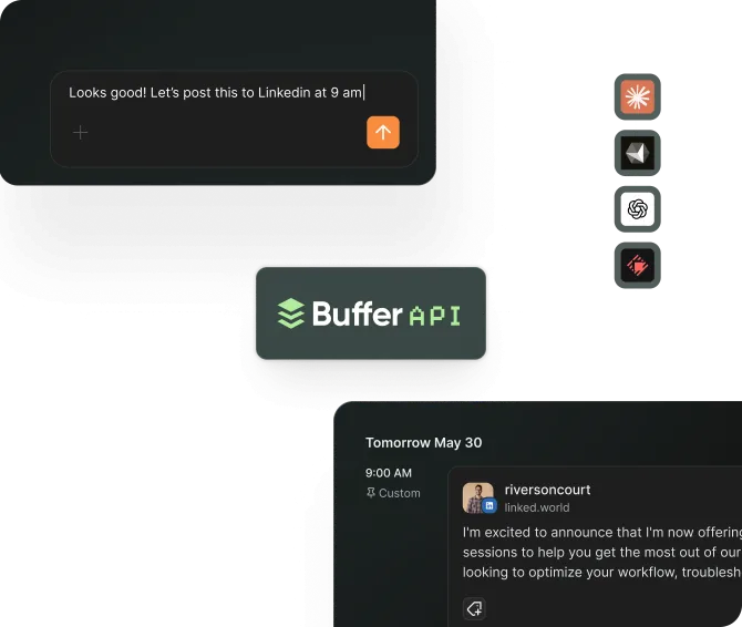 Buffer MCP server interface with content drafts ready for AI-assisted publishing.