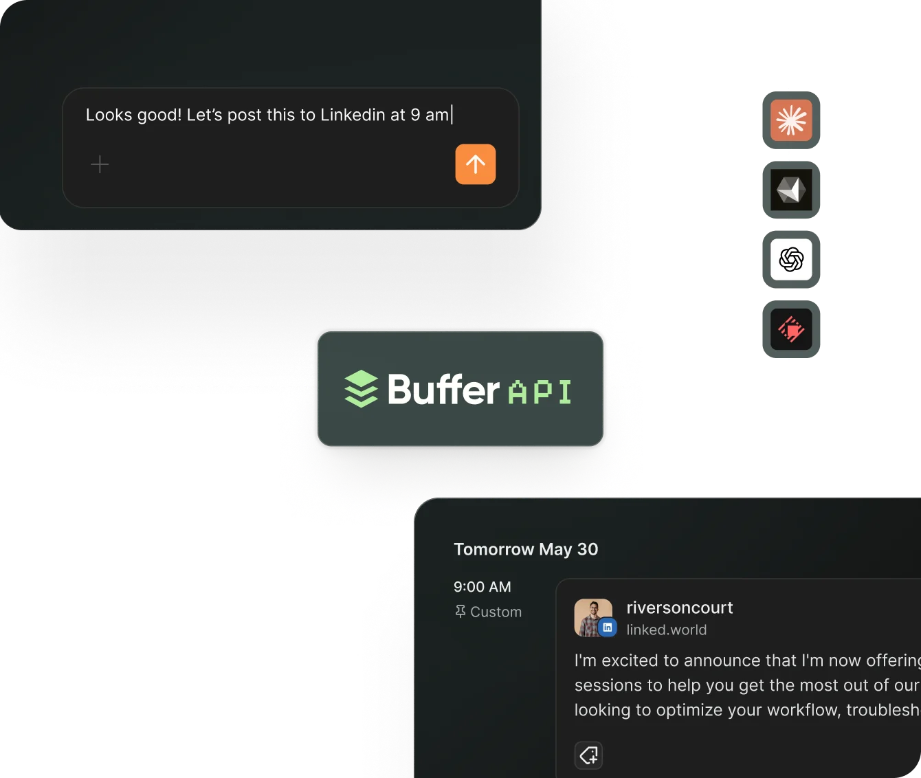 Buffer MCP server interface with content drafts ready for AI-assisted publishing.