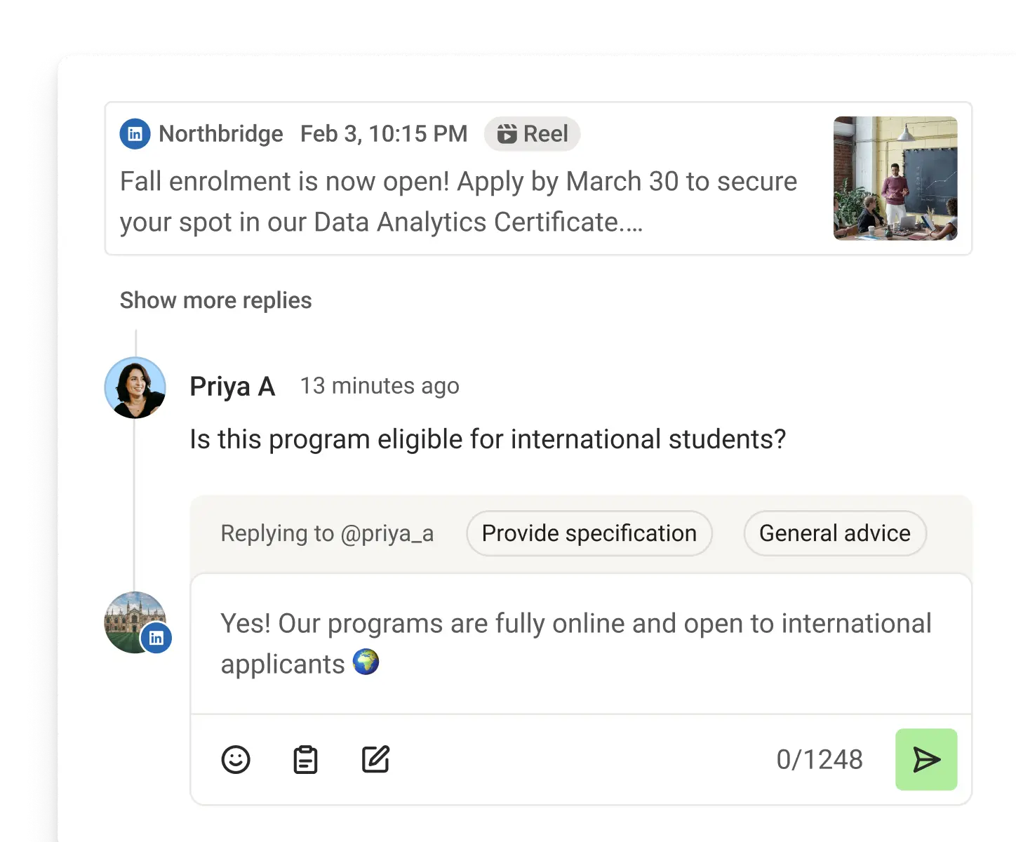 Buffer Community view with recent comments, suggested replies, and comment score metrics.