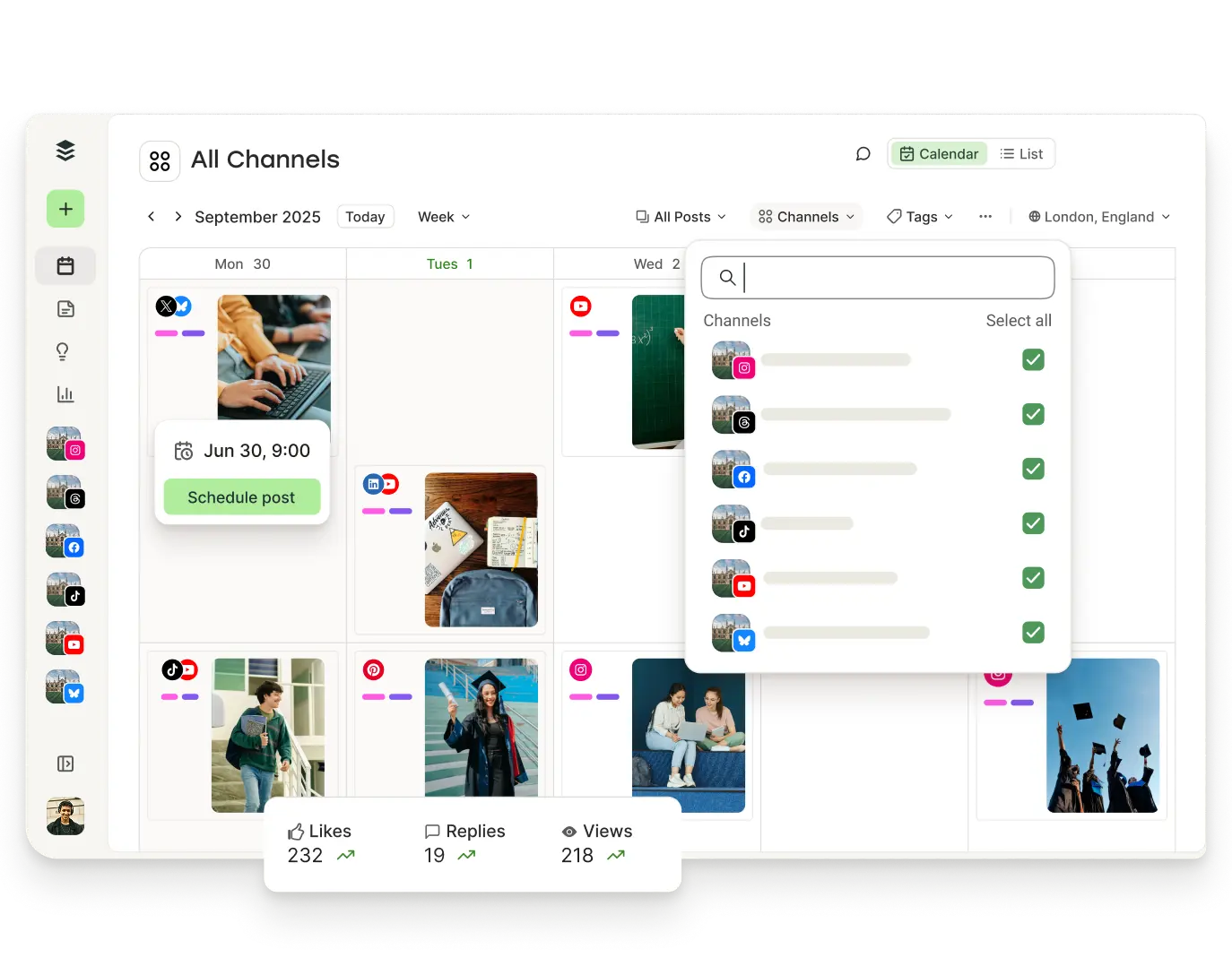 Buffer calendar view with upcoming posts and filters for channels, tags, and more.