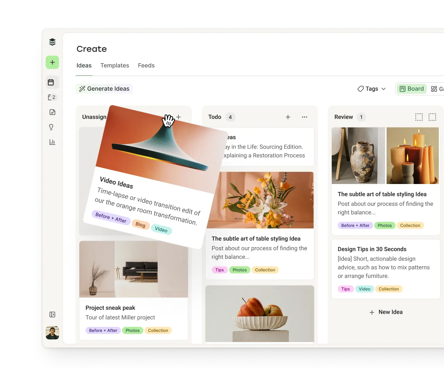 Buffer Create view with columns for ideas, drafts, and published posts.
