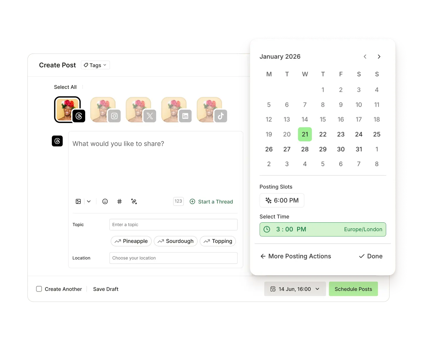 Buffer Publish view with scheduling for posting at a future date and time.