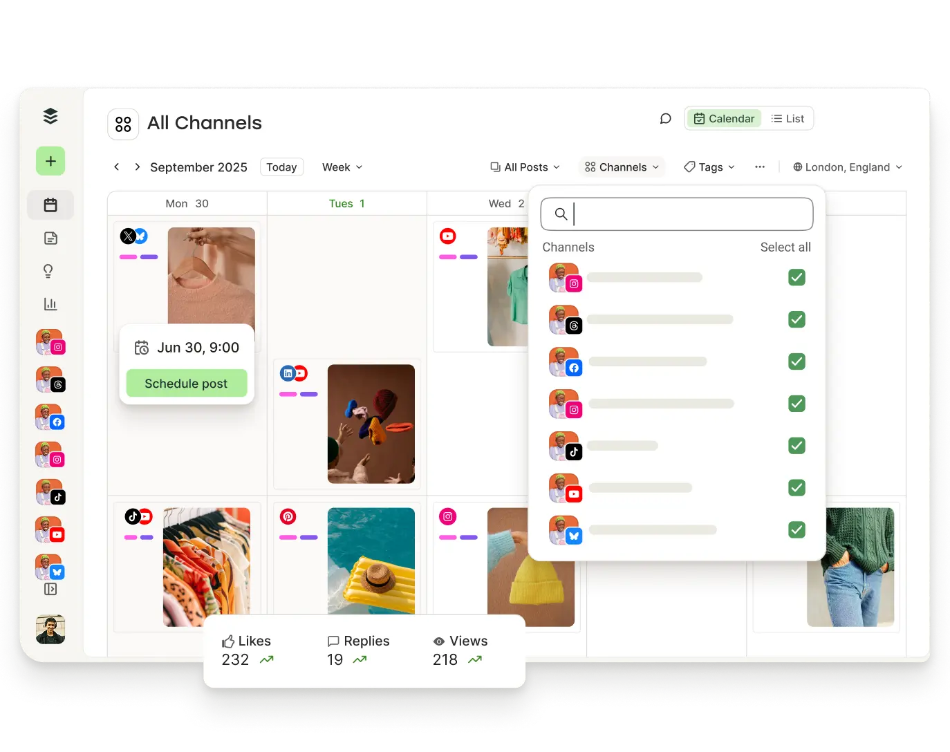 Buffer calendar view with upcoming posts and filters for channels, tags, and more.