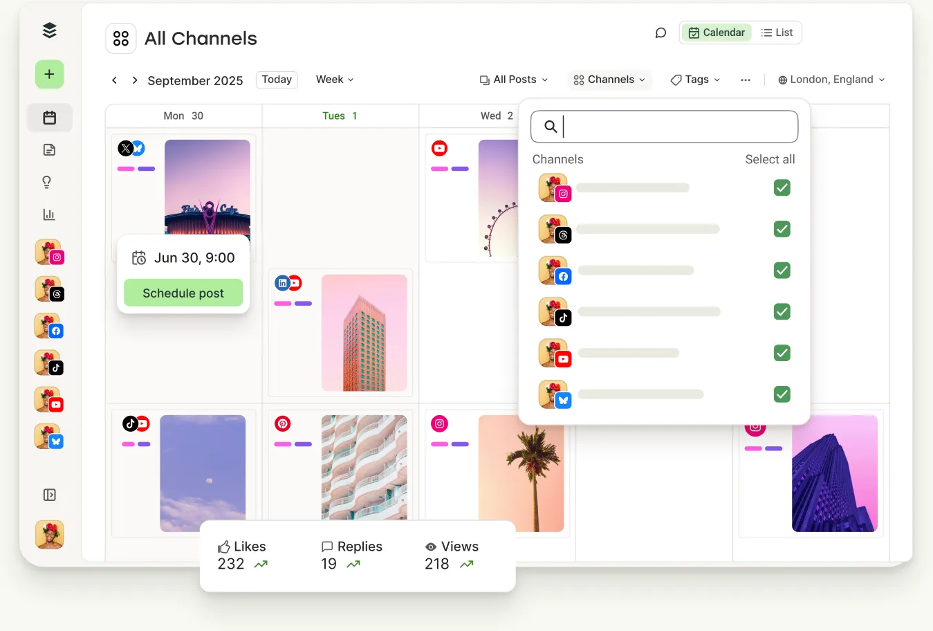 Buffer's All Channels calendar showing scheduled posts across accounts with a post performance popover.
