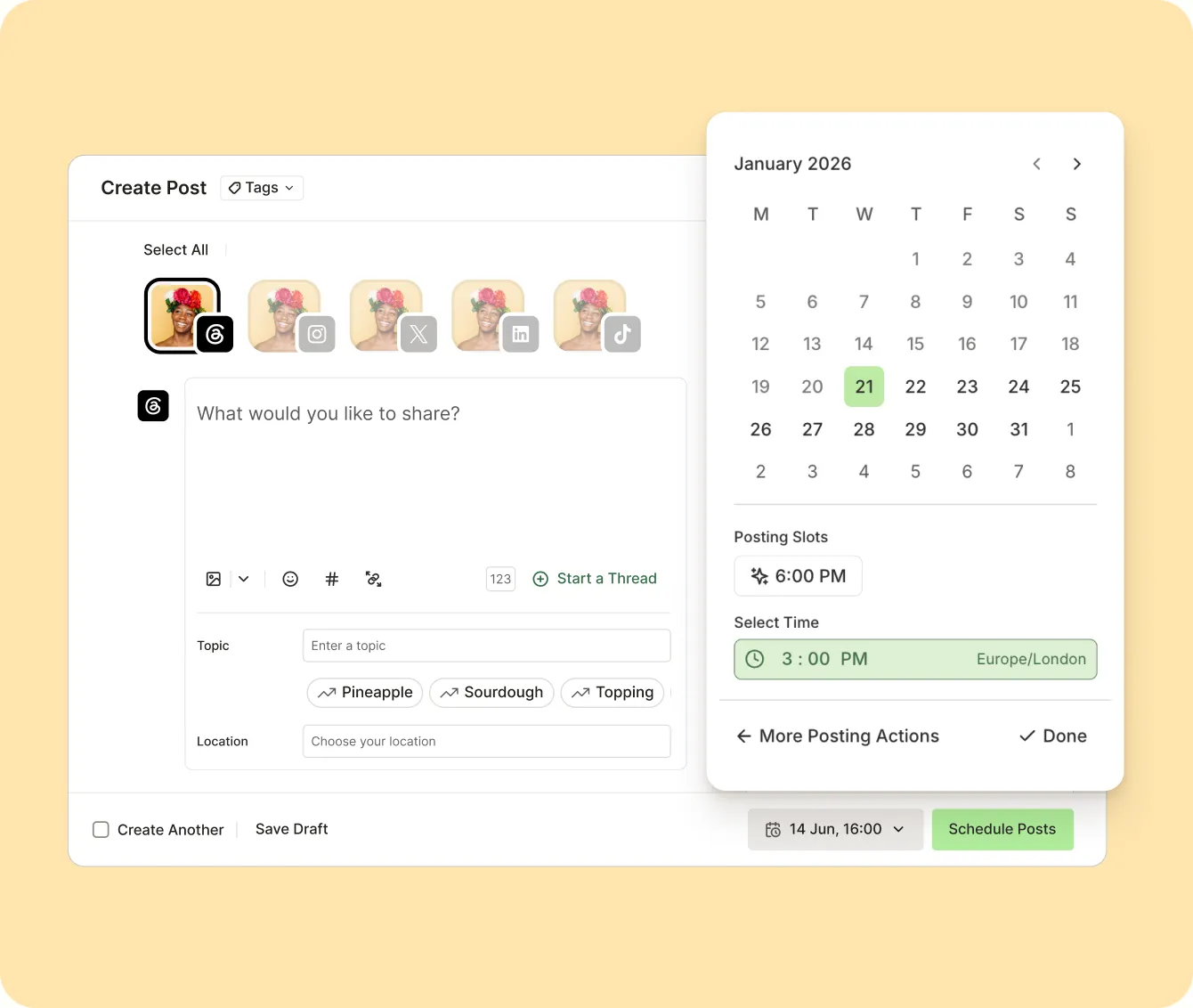 Buffer's post composer alongside a calendar for scheduling content at optimized posting times.