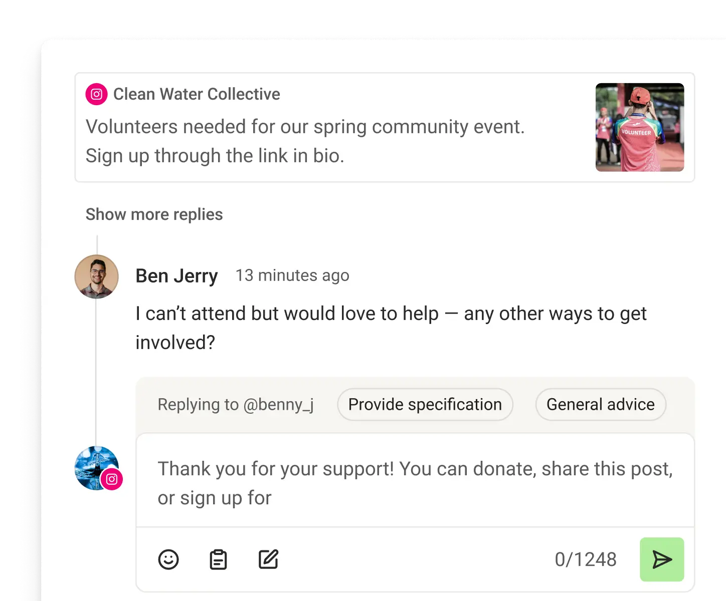 Buffer Community view with recent comments, suggested replies, and comment score metrics.