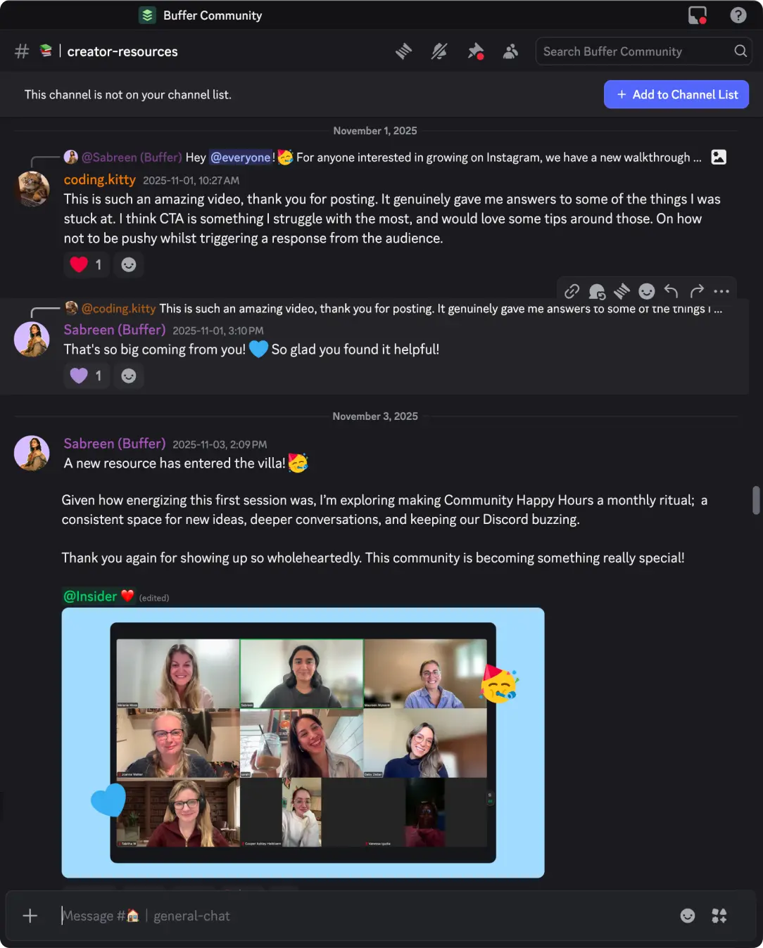Discord de la comunidad de Buffer con conversaciones reales sobre feedback de contenido, sesiones en vivo y debates de apoyo.