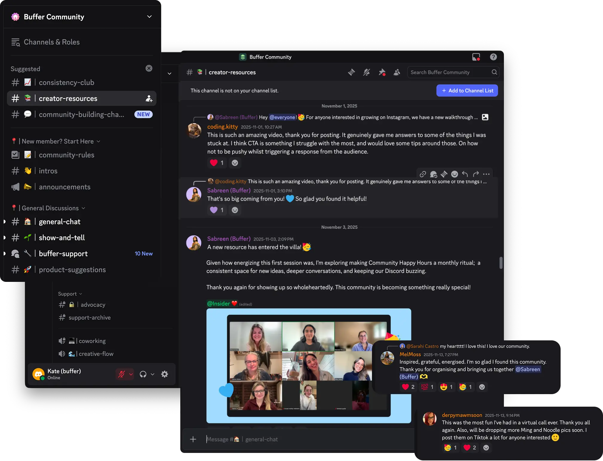Discord de la comunidad de Buffer con canales de comunidad, conversaciones reales, show-and-tell y momentos en vivo.