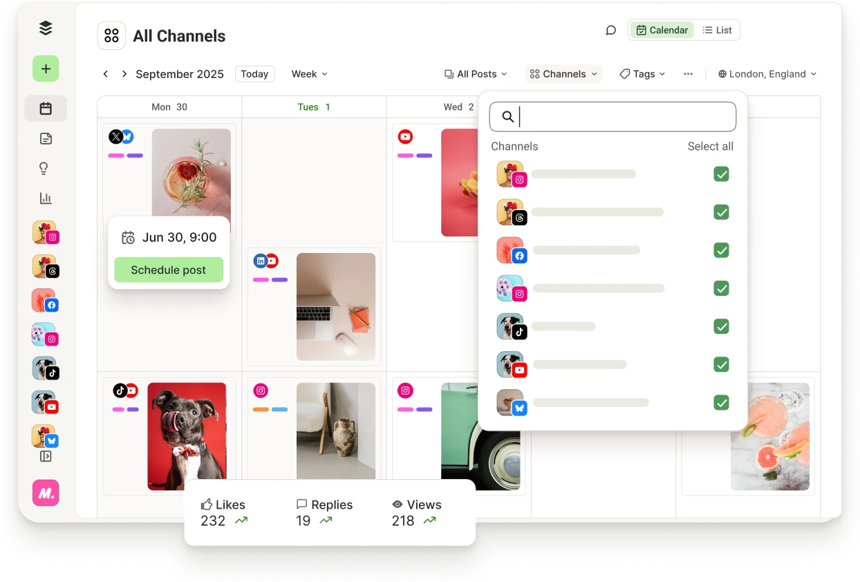 Buffer calendar and queue with posts scheduled across every client channel.