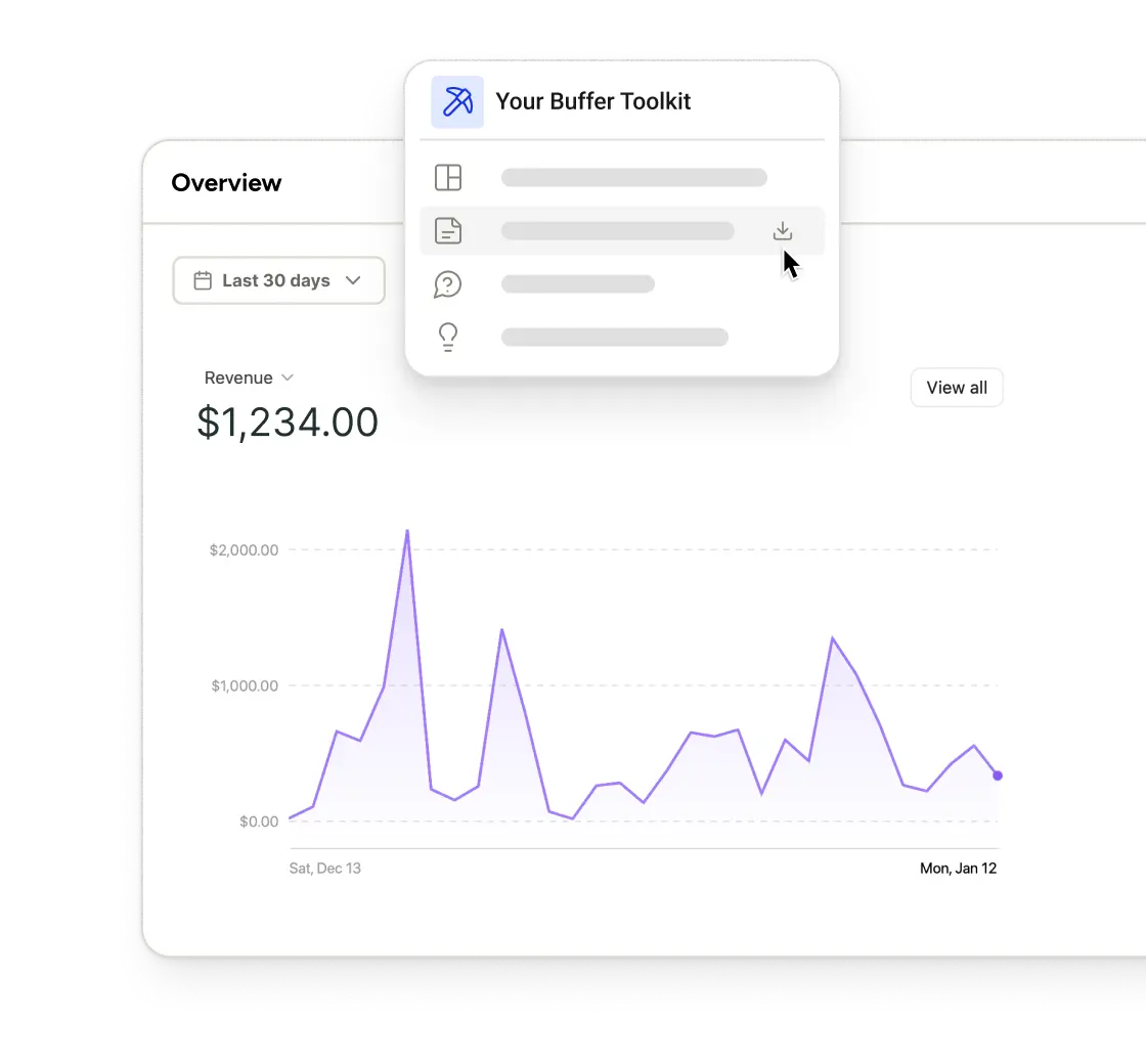 Resumen de ganancias del programa de partners de Buffer con gráficas de ingresos de los últimos 30 días y kit de marketing.