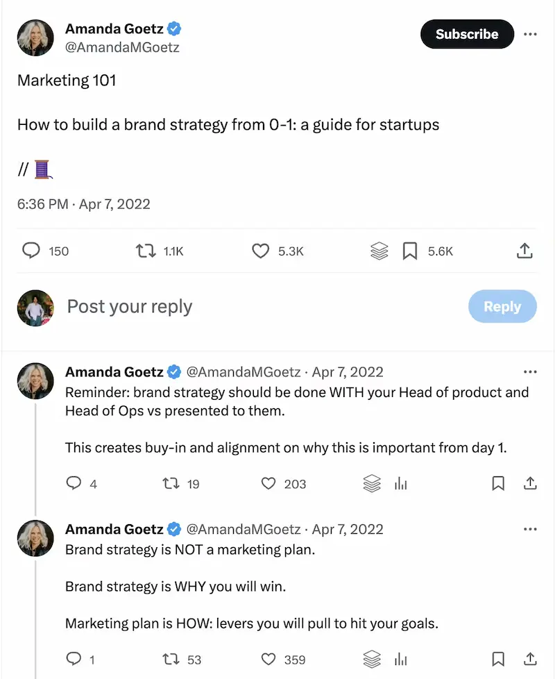 Twitter thread on How to build a brand strategy from 0 to 1: a guide for startups.