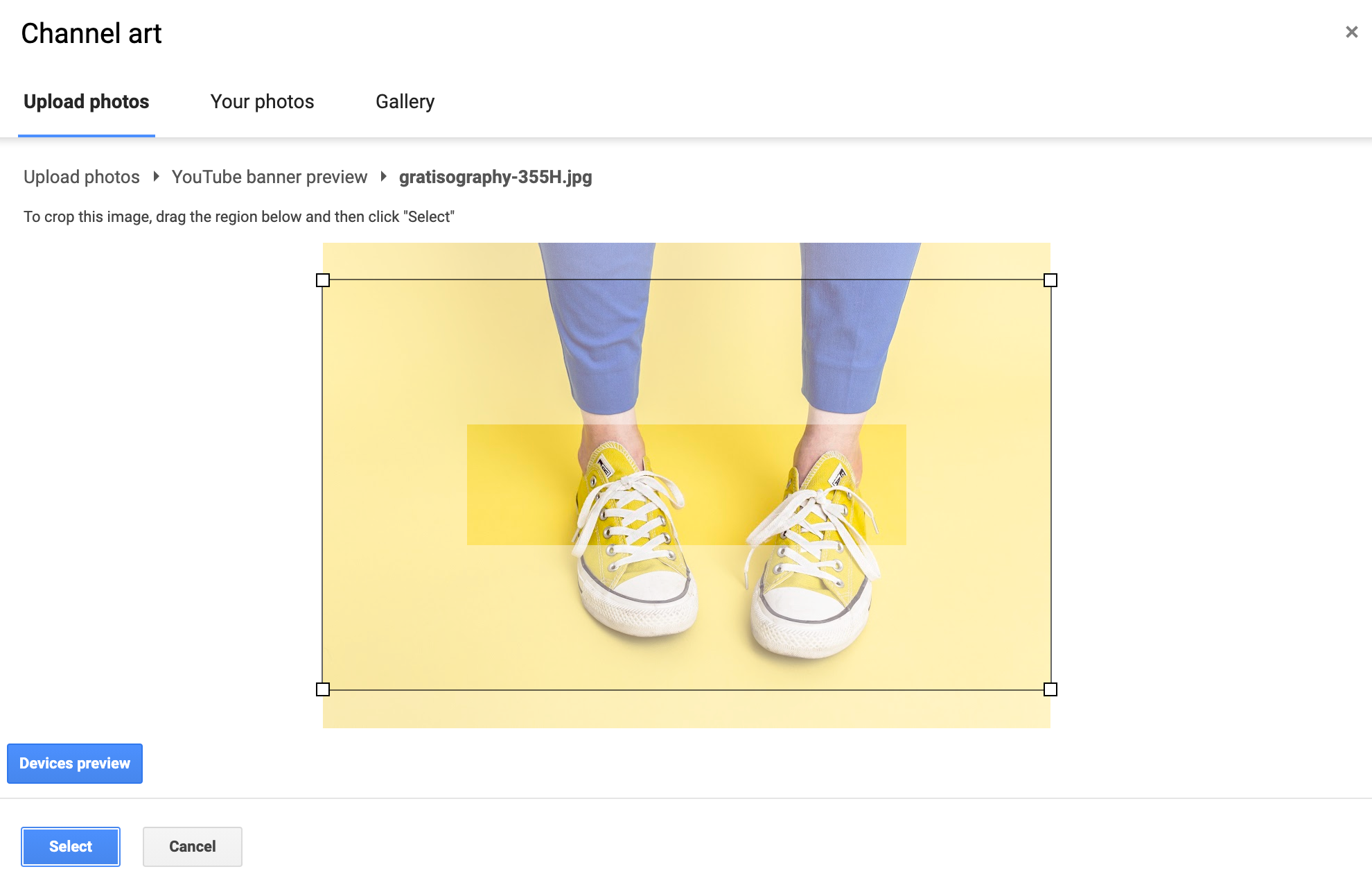 YouTube channel art editor: cropping