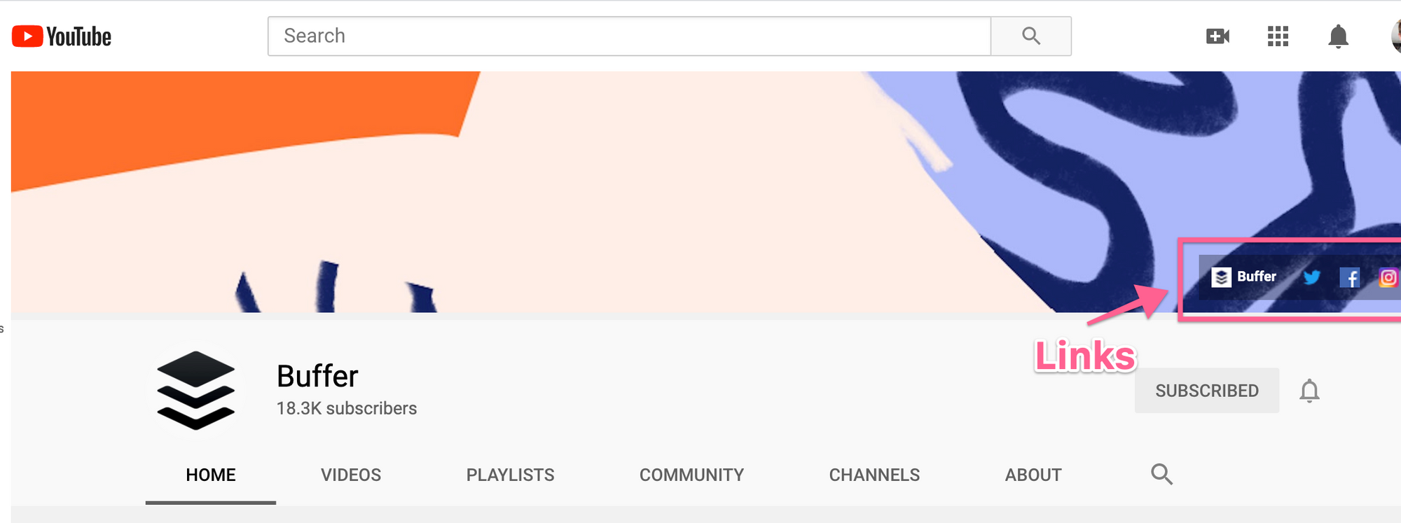 Where links appear on YouTube channel art