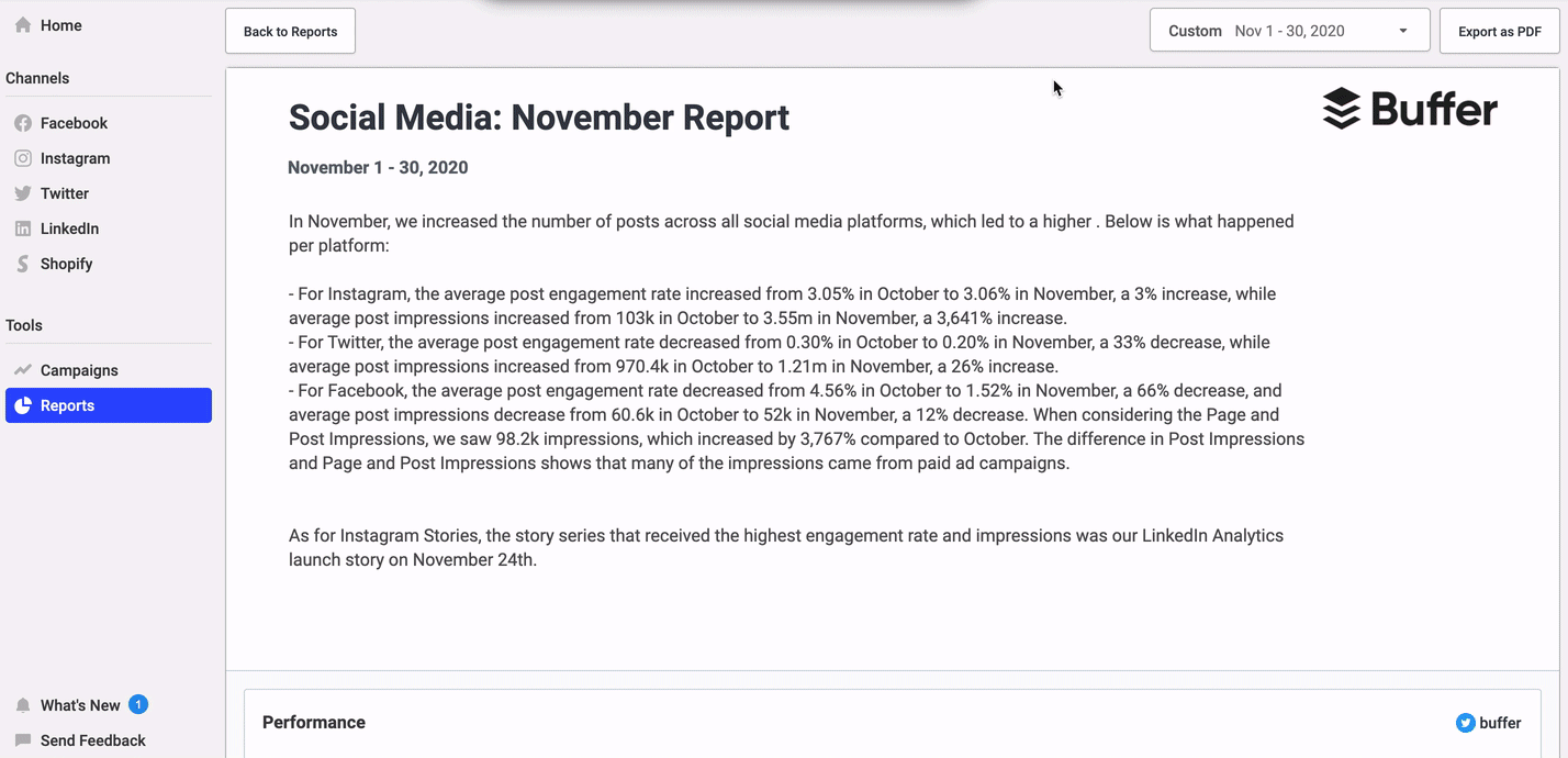 A sample of a Report on Buffer's analytics dashboard. 