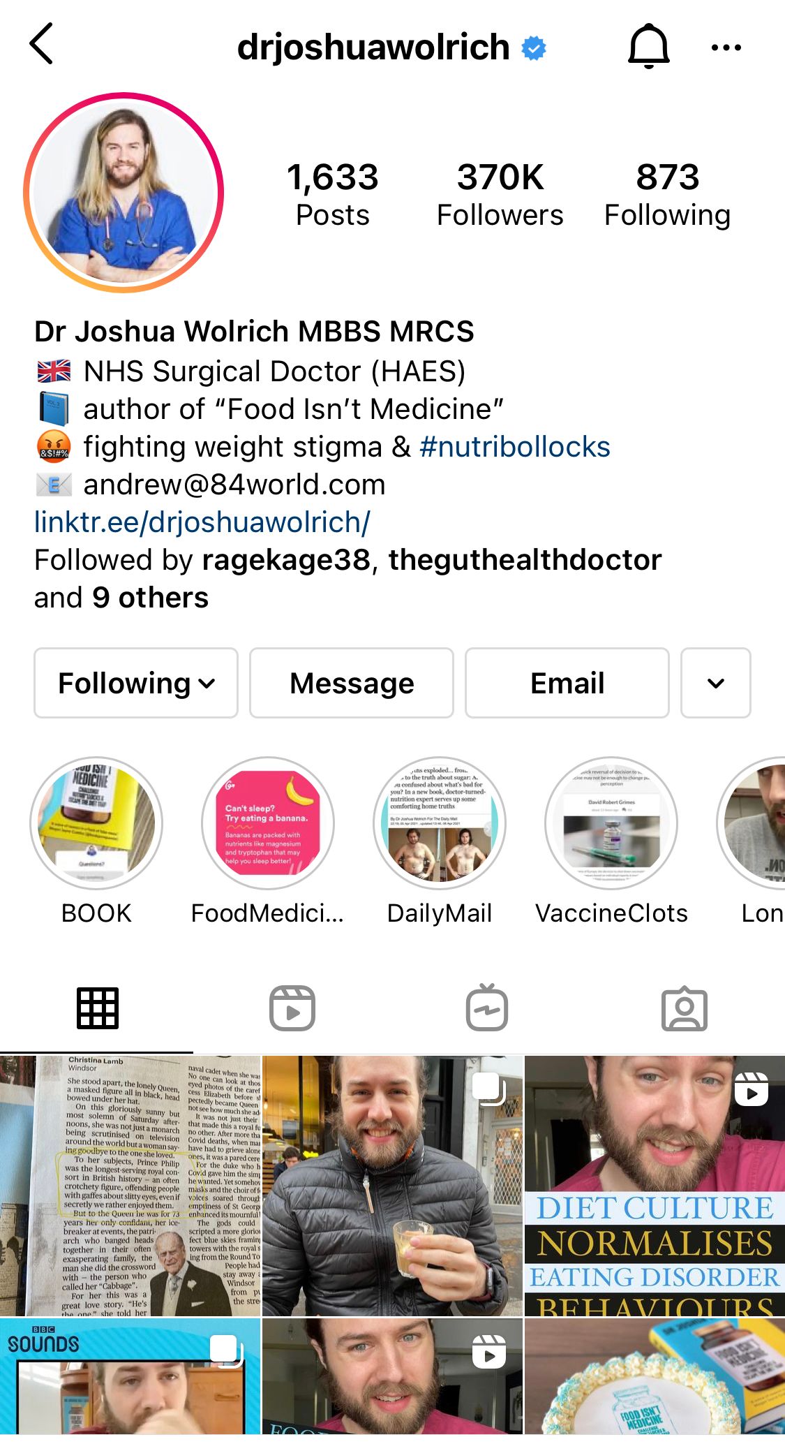 Dr. Joshua Wolrich’s Instagram page, which highlights his credentials and causes in his bio