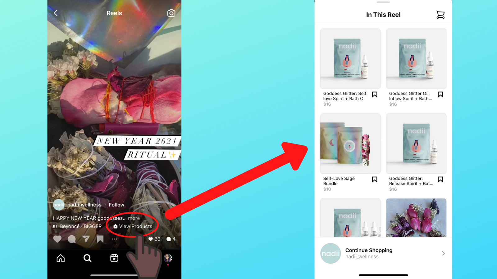 Instagram user Nadii Wellness features several products in an Instagram Shoppable Reel. 