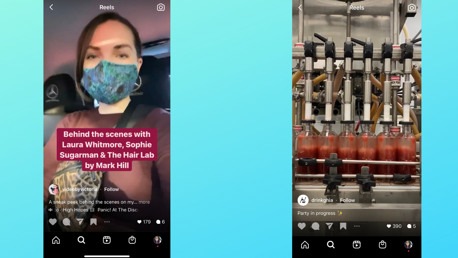 Screenshots displaying behind-the-scenes Reels from two Instagram users, Video by Victoria and GHIA