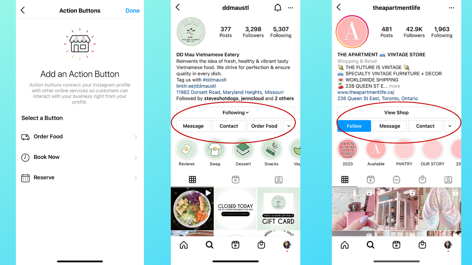 Instagram's 'Add an Action Button' offer options like 'Order Food' or 'View Shop'.
