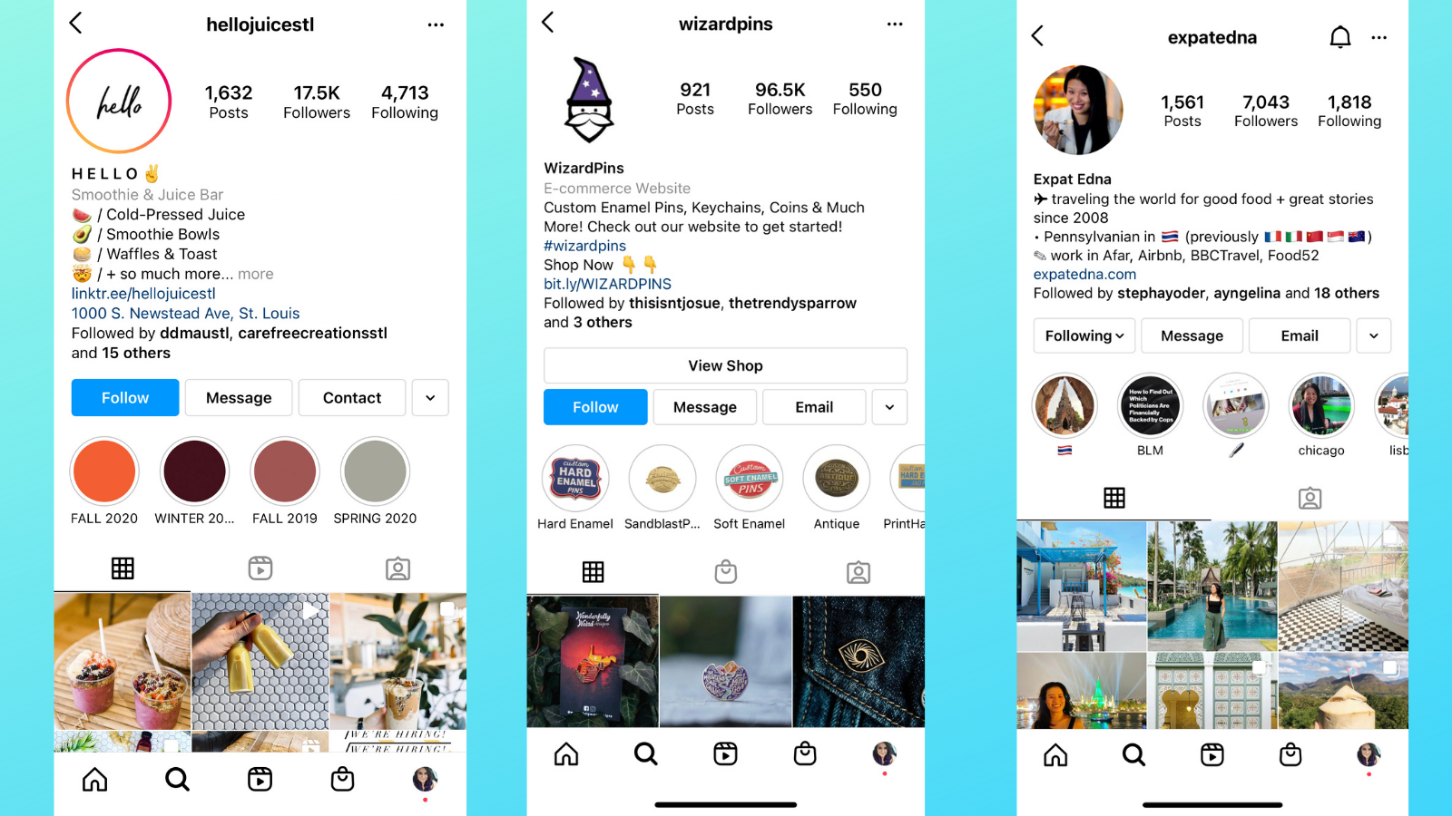 Emojis can liven up Instagram bios in many ways. Hello Juice pairs emojis with line breaks, Wizard Pins uses emojis as part of a call to action, and Expat Edna uses them to represent countries she has visited and actions such as “writing.” 