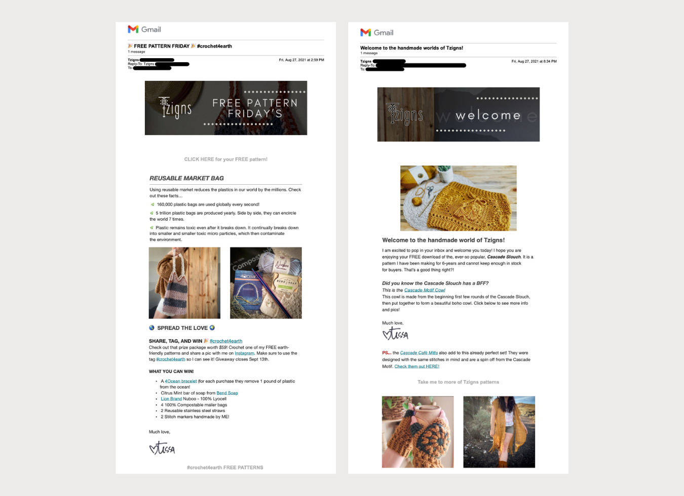 The welcome email from Designs by Tessa after you download one of her images. It includes text about her reusable market bag, ways to spread the love, and images of her products.