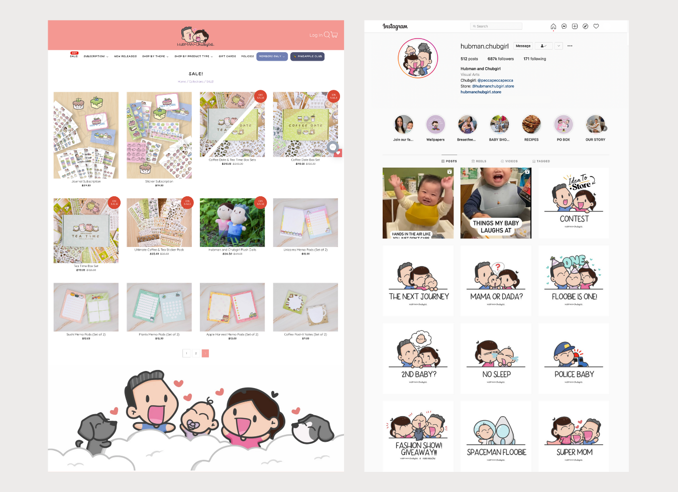 A screenshot of a website displaying the consistency of branding across 12 different products through a cutesy cartoon couple and two dogs, next to the Instagram account displaying the same cartoon family.