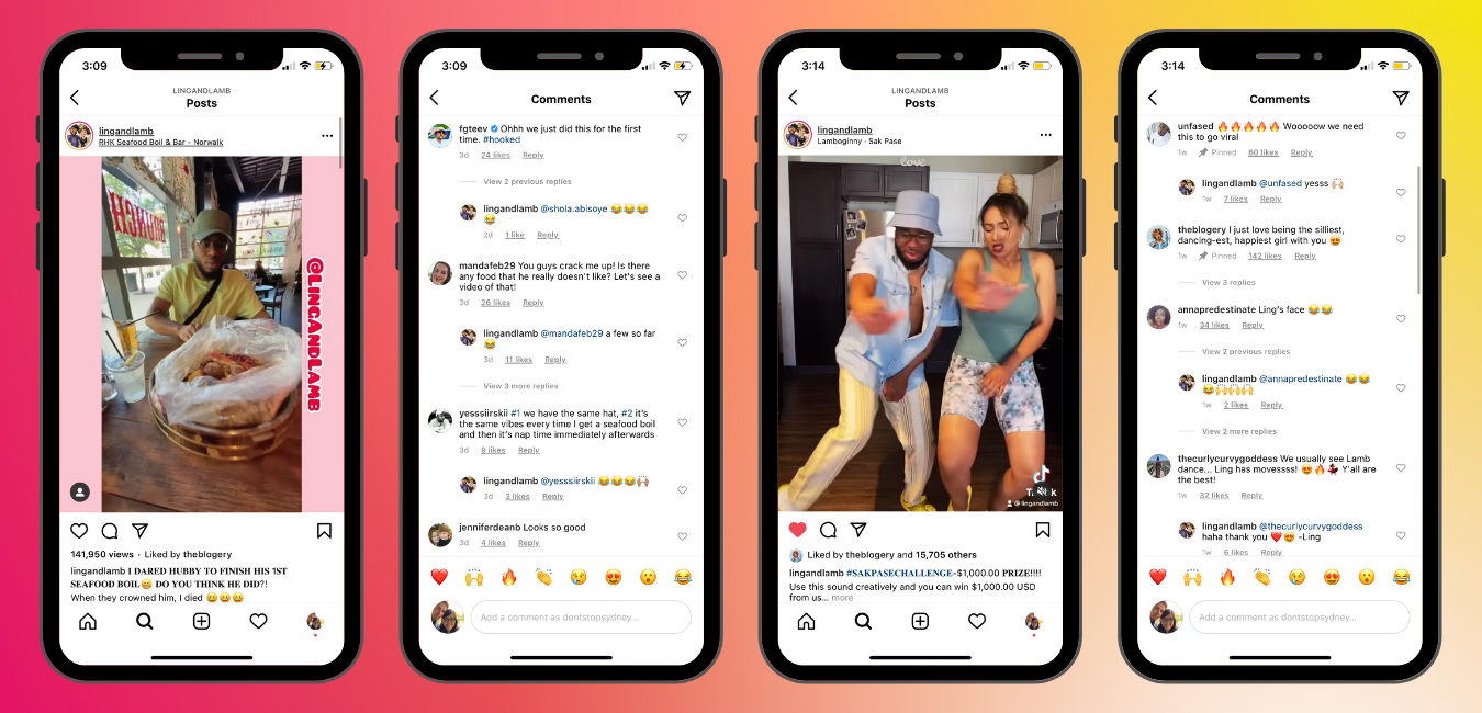 Four screenshots of mobile displays. Two images have posts from content creators Ling and Lamb, and the other two display user comments with replies from the creators. 