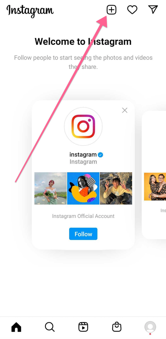 An arrow pointing to the + icon on the Instagram mobile app. 