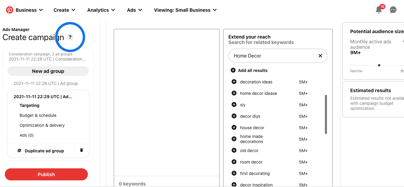 Example of  Pinterest’s keyword research tool showing the Keyword Search, results and Campaigns. 