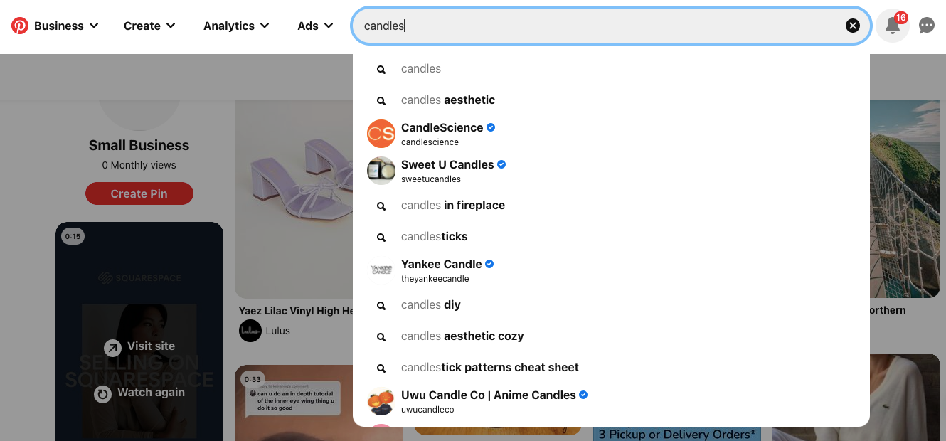 Pinterest recommendations for search showing the keyword 'candles' and a dropdown of results.