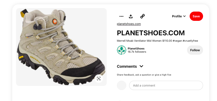 A Product Pin showing a tan hiking shoe and caption with 'PLANETSHOES.COM'