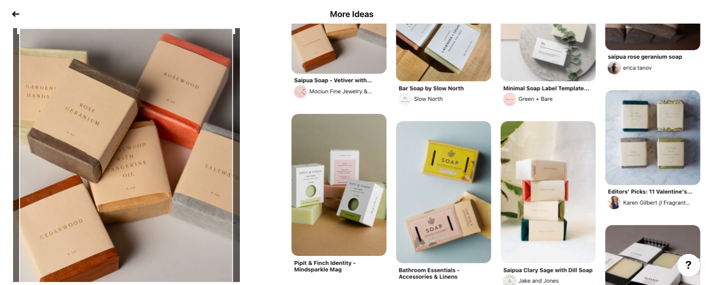 Example of related Pins that appear in Pinterest’s feed when a user is searching for soap. On the left is a larger photo with an assortment of soaps, and the right shows a grid of smaller images of results. 