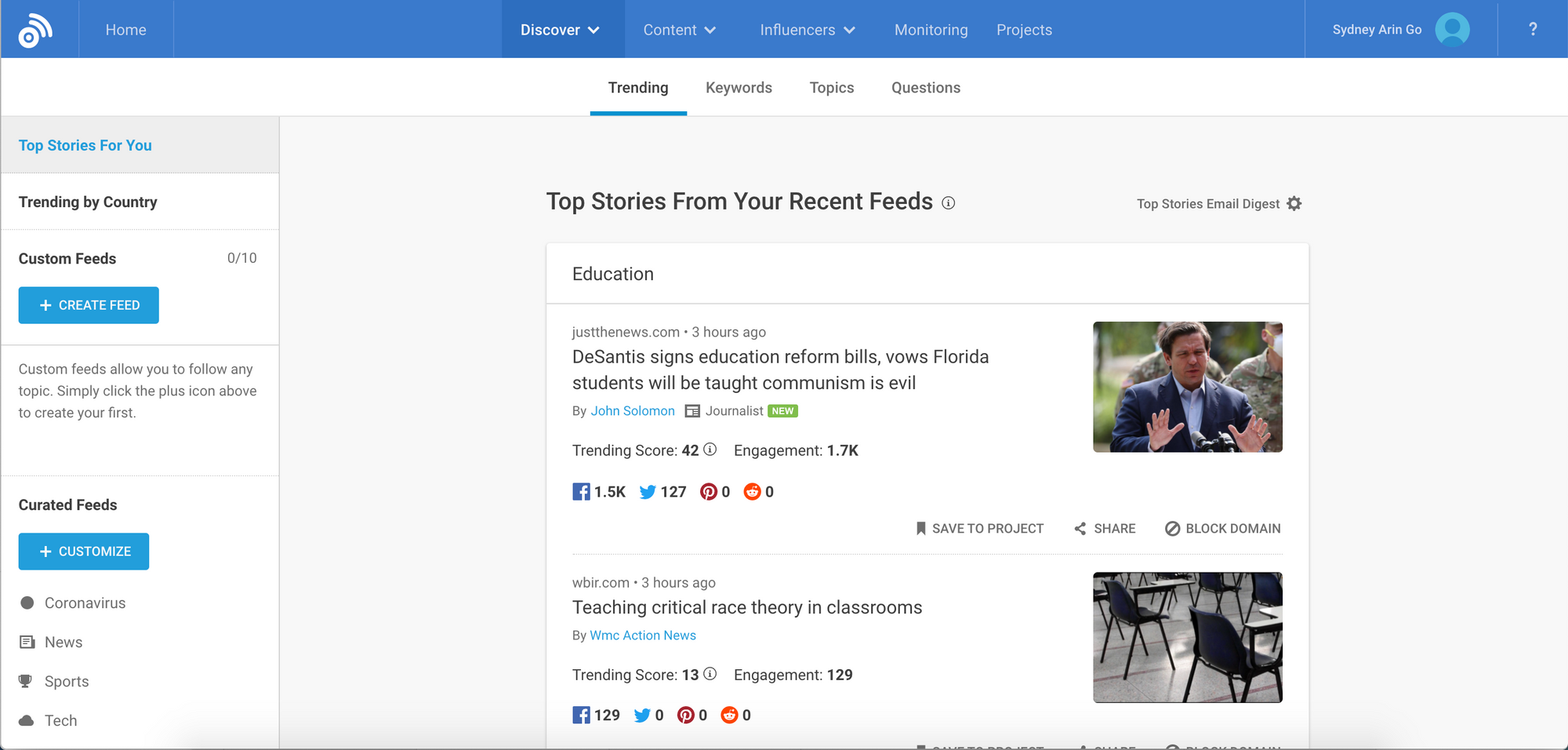 BuzzSumo's social media dashboard. 