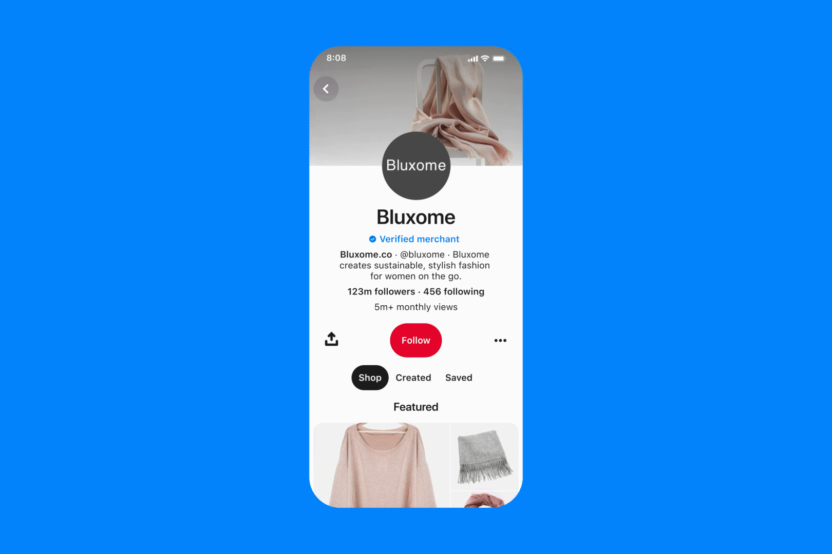 Example of the Pinterest Shop Tab scrolling through clothing options from Bluxome that are for purchase, such as shirts, shoes and jackets. 