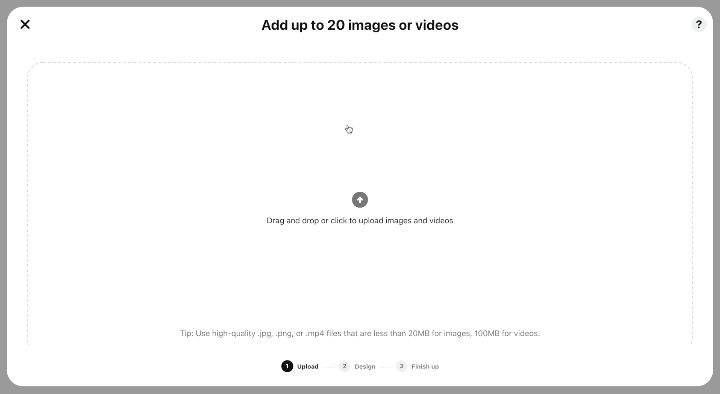 A GIF of Pinterest's photo and video upload portal where you can select files to add. 