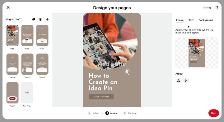 Pinterest's design portal has buttons to add 'Image' 'Text' or 'Background' so you can add designs. 