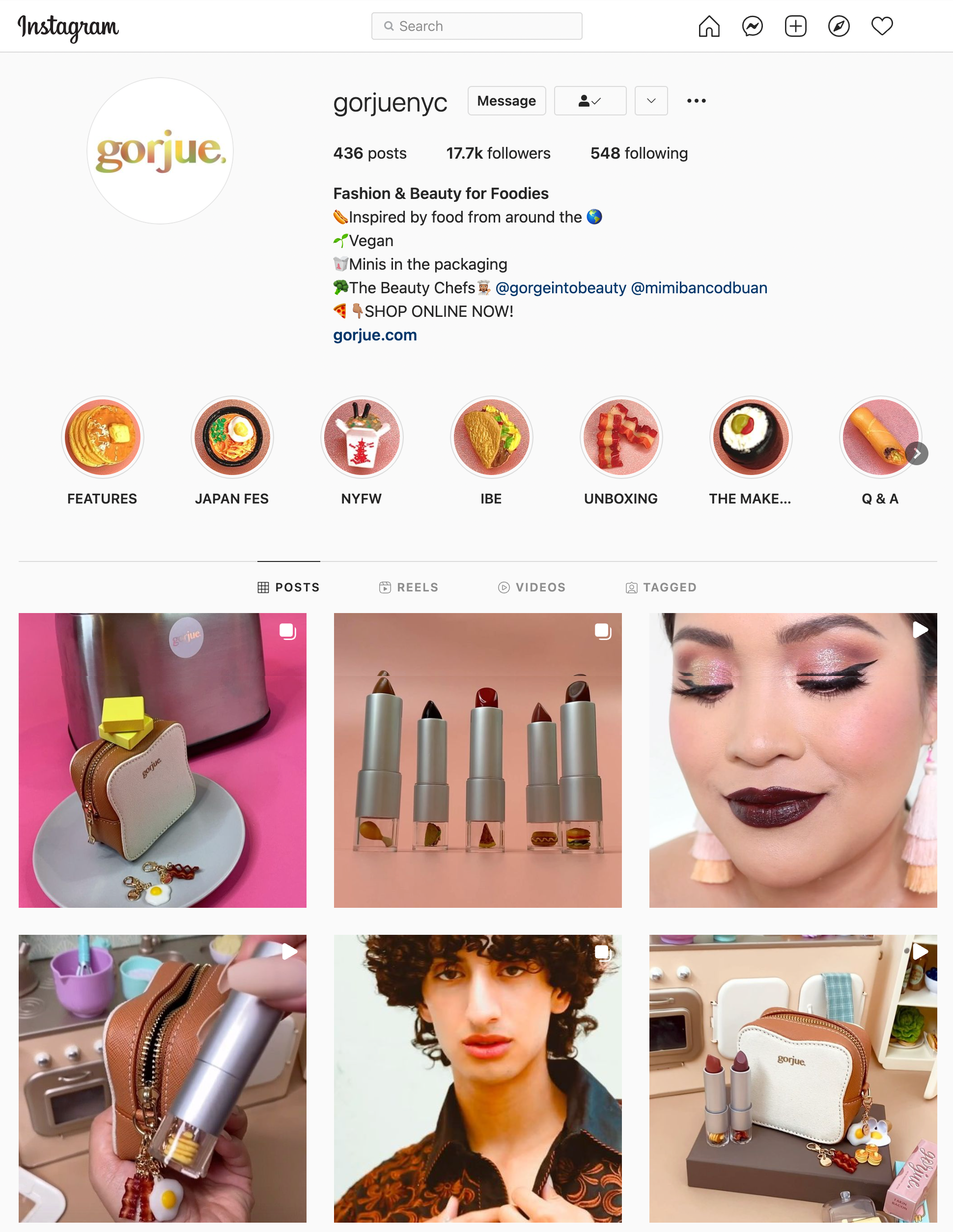 The Instagram account of Gorjue, displaying their lipstick based on food. Images have tubes of lipstick with a makeup bag shaped like toast with egg and bacon keychains.