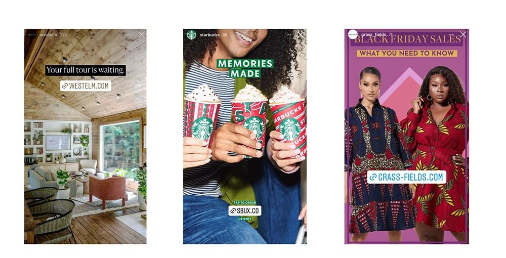 Example of how several brands use link stickers in their stories. Source: