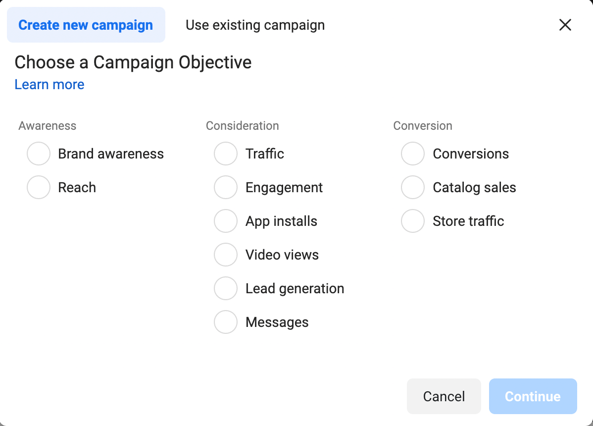 Create Campaign Screen on Facebook's Ad Manager